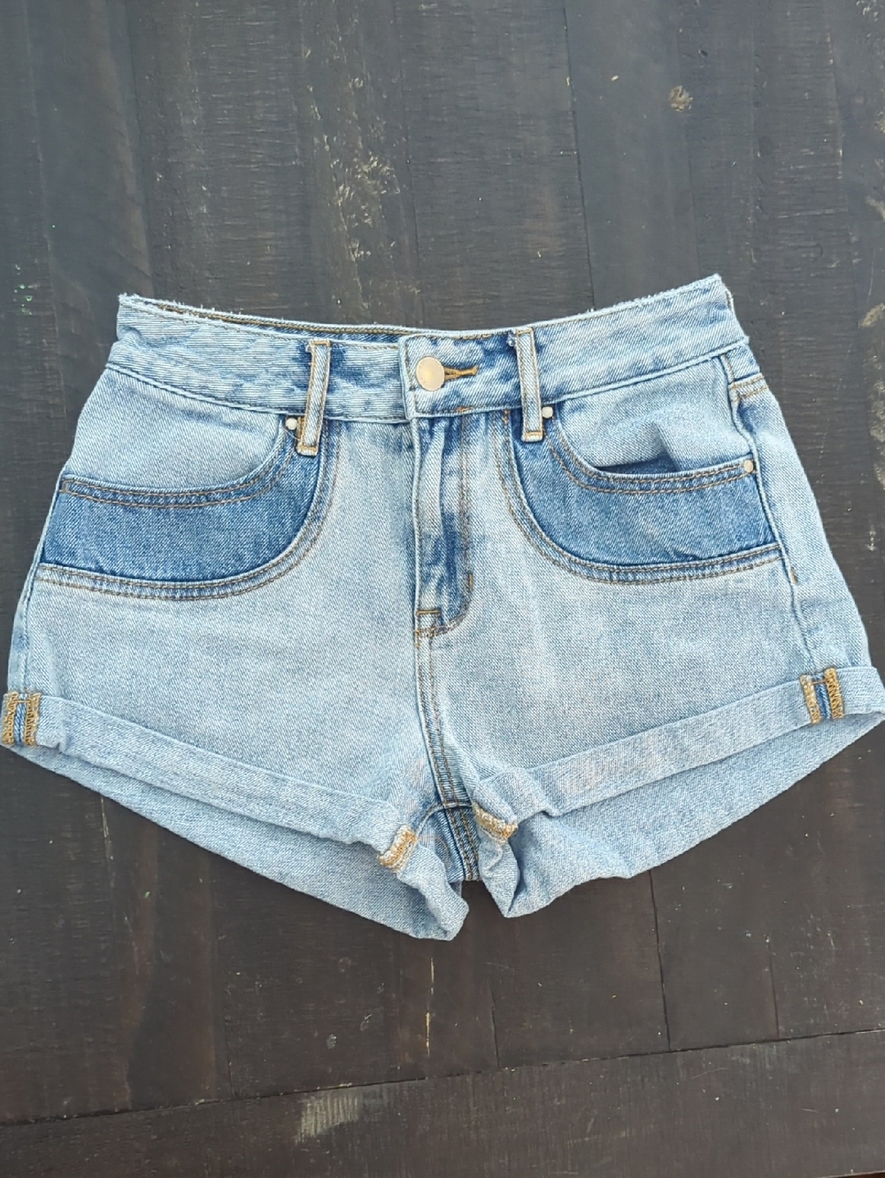 High-Rise Light Blue Denim Jean Shorts with Contrast Pockets